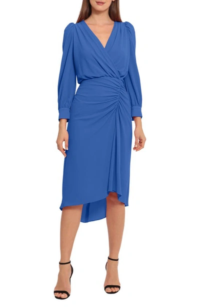 Maggy London Ruched Long Sleeve High-low Midi Dress In Princess Blue