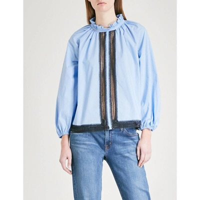 Sandro Ruffled Cotton Top In Bleu Ciel