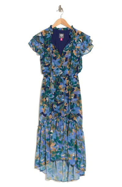 Vince Camuto Floral Flutter Sleeve Chiffon High-low Midi Dress In Blue