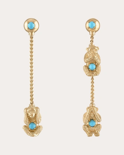 Eden Presley Monkey 14k Yellow Gold Turquoise Earrings In Blue