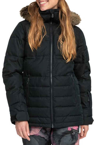 Roxy Quinn Durable Water Repellent Snow Jacket With Faux Fur Hood In True Black