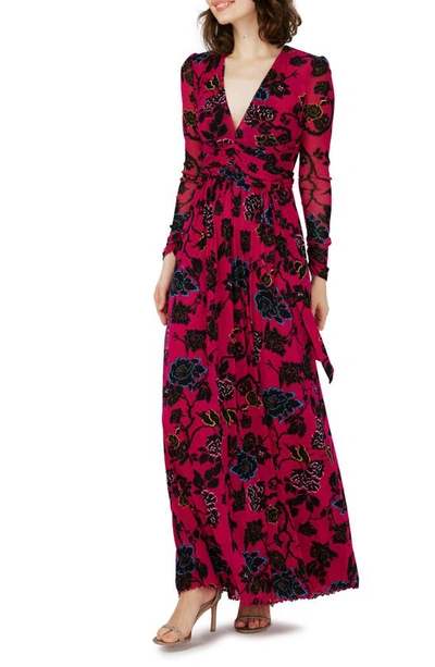 Dvf Anne Floral Mesh Long Sleeve Maxi Dress In China Vine Poison Pink
