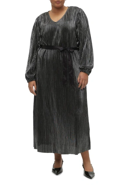 Vero Moda Curve Cella Metallic Long Sleeve Midi Dress In Black