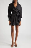 Zimmermann Long Sleeve Silk Wrap Minidress In Black