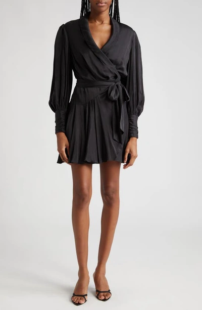 Zimmermann Long Sleeve Silk Wrap Minidress In Black