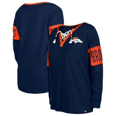 New Era Navy Denver Broncos Lace-up Notch Neck Long Sleeve T-shirt