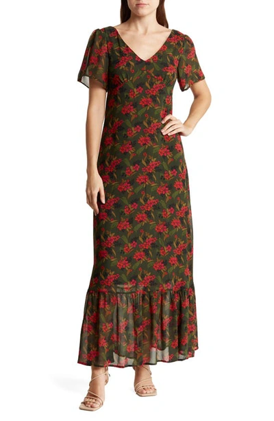 Melloday Floral Short Sleeve Maxi Dress In Red Floral