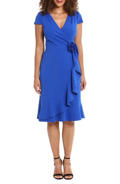 London Times Rosette Ruffle Cap Sleeve A-line Dress In Bright Cobalt