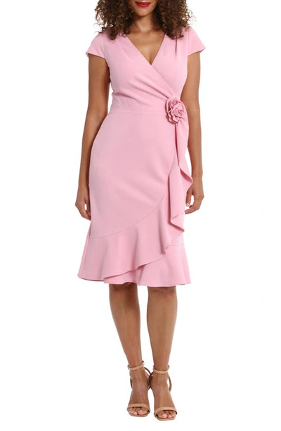 London Times Rosette Ruffle Cap Sleeve A-line Dress In Pink