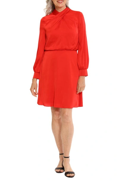 London Times Long Sleeve Satin Fit & Flare Dress In Red