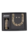 American Exchange Embellished Curb Link Necklace, Bracelet And Stud Earrings Set In Gold