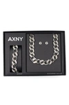 American Exchange Embellished Curb Link Necklace, Bracelet And Stud Earrings Set In Silver