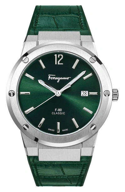 Ferragamo Salvatore  F-80 Croc Embossed Leather Strap Watch, 41mm In Green/ Silver