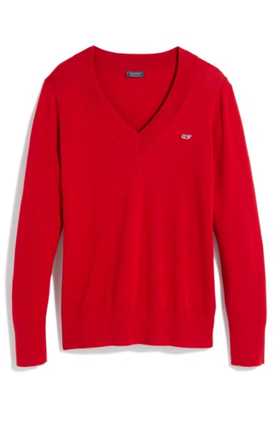 Vineyard Vines Heritage V-neck Cotton Sweater In Red Velvet