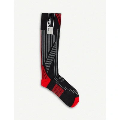 Prada Striped Geometric Knitted Socks In Nero/rosso
