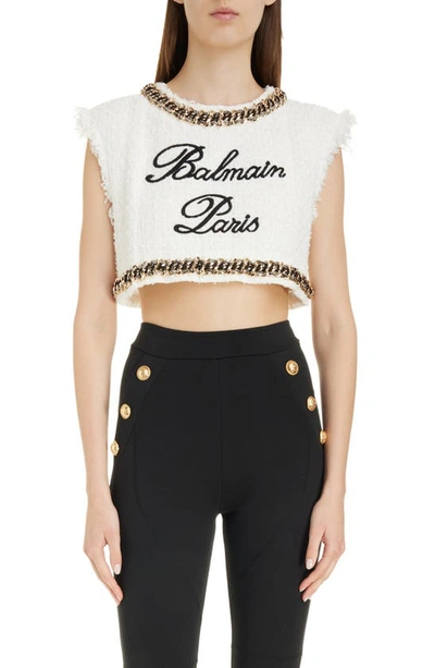 Balmain Logo-embroidered Tweed Cropped Top In White