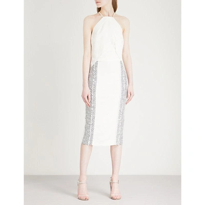 Roland Mouret Picton Halterneck Crepe And Woven Dress In White/gunmetal