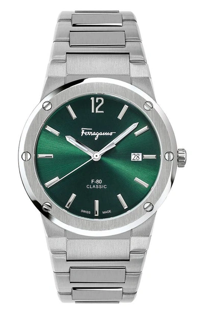 Ferragamo Salvatore  F-80 Classic Bracelet Watch, 41mm In Silver/ Green