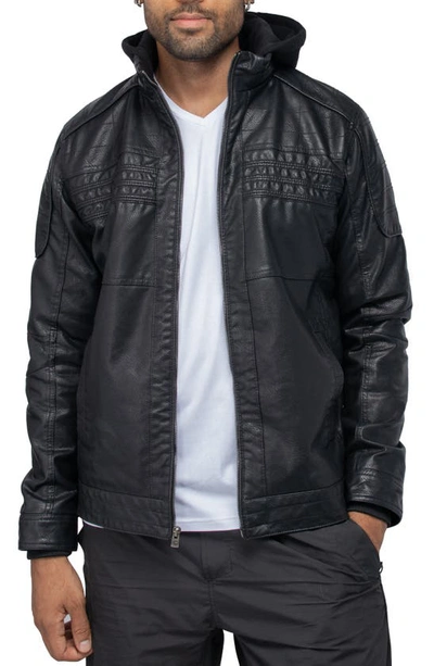 X-ray Faux Leather Hooded Moto Jacket With Faux Fur Lining In Black