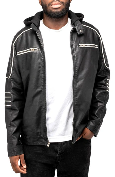 X-ray Faux Leather Hooded Moto Jacket With Faux Fur Lining In Black/ White