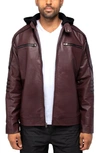 X-ray Faux Leather Hooded Moto Jacket With Faux Fur Lining In Burgundy/ Black