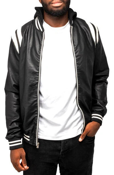 X-ray Stripe Faux Leather Hooded Moto Jacket With Faux Fur Lining In Black/ White