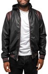 X-ray Stripe Faux Leather Hooded Moto Jacket With Faux Fur Lining In Black/ Burgundy
