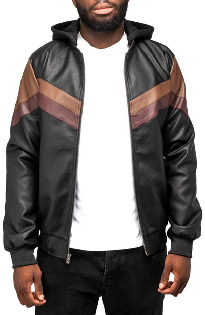 X-ray Chevron Stripe Faux Leather Hooded Moto Jacket With Faux Fur Lining In Black,brown