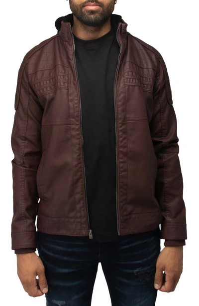 X-ray Faux Leather Hooded Moto Jacket With Faux Fur Lining In Burgundy