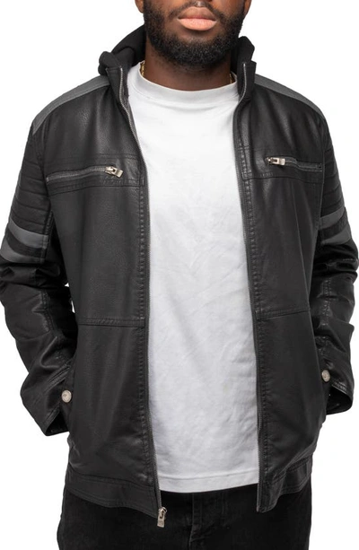 X-ray Faux Leather Hooded Moto Jacket In Black,gray