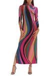 Donna Morgan For Maggy Mock Neck Long Sleeve Maxi Dress In Golden Palm/ Raspberry