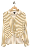 Ellen Tracy Stripe Knotted Long Sleeve Button-up Shirt In Marshmallow/ Camel Stripe