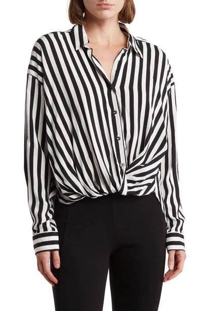 Ellen Tracy Stripe Knotted Long Sleeve Button-up Shirt In Black/ Marshmallow Stripe