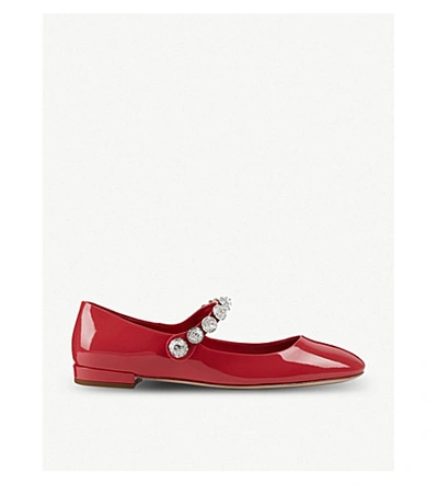 Miu Miu Patent-leather Crystal-embellished Mary Jane Ballerina Flats In Fragola