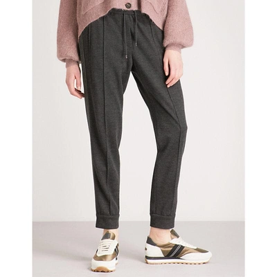Brunello Cucinelli Embellished Side-stripe Tapered High-rise Cashmere Jogging Bottoms In Charcoal
