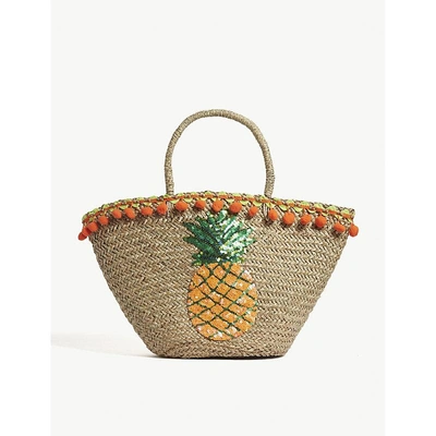 Mystique Brown Woven Sequin Pineapple Straw Beach Bag In Multi