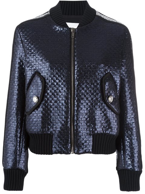 Msgm Navy And Silver Laminated Tweed Bomber Jacket In Blue | ModeSens