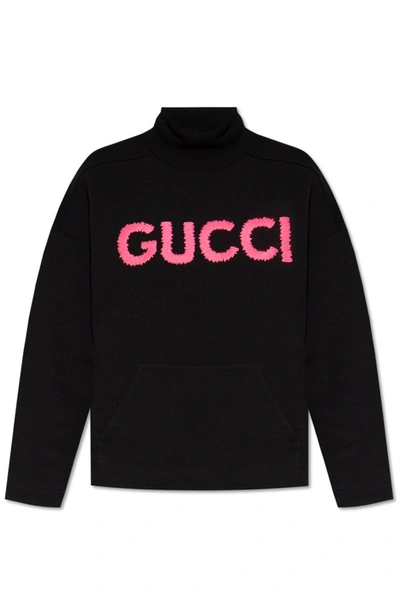 Gucci Logo Cotton Jersey Turtleneck Sweatshirt In Black