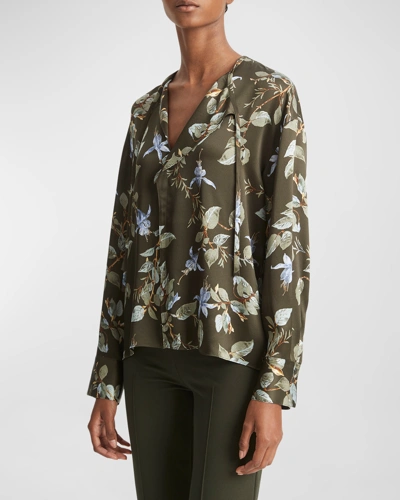 Vince Floral Silk Draped Tie-neck Blouse In Brown