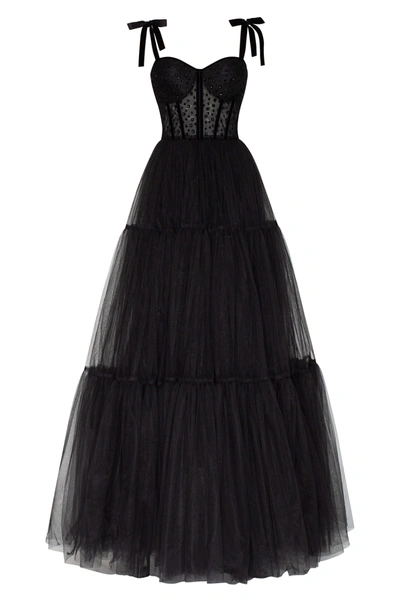 Milla Black Delicate Tie-strap Maxi Tulle Dress In Black #000000