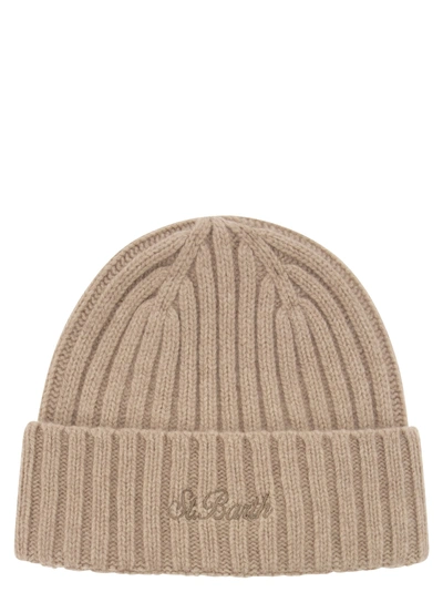 Mc2 Saint Barth Logo Embroidered Knitted Beanie In Beige