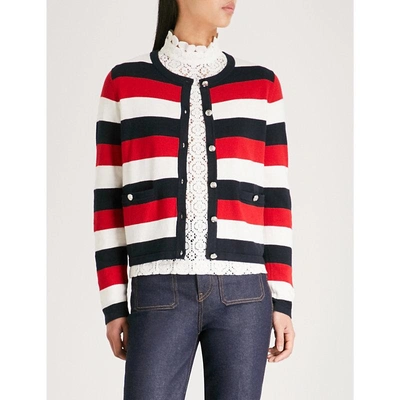 Claudie Pierlot Striped-pattern Knitted Cotton-blend Cardigan In Multico