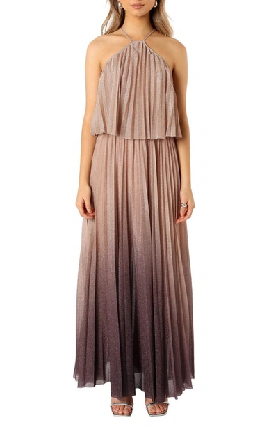 Petal And Pup Gia Pleated Halterneck Maxi Dress In Gold Purple