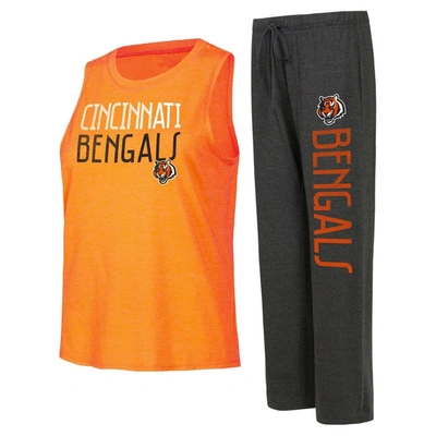 Concepts Sport Women's  Black, Orange Distressed Cincinnati Bengals Muscle Tank Top And Pants Lounge In Black,orange