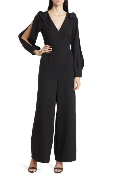 Eliza J Slit Sleeve Wide Leg Crepe Jumpsuit In Black