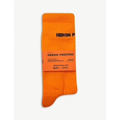 Heron Preston Logo-embroidered Ribbed Cotton-blend Socks In Orange