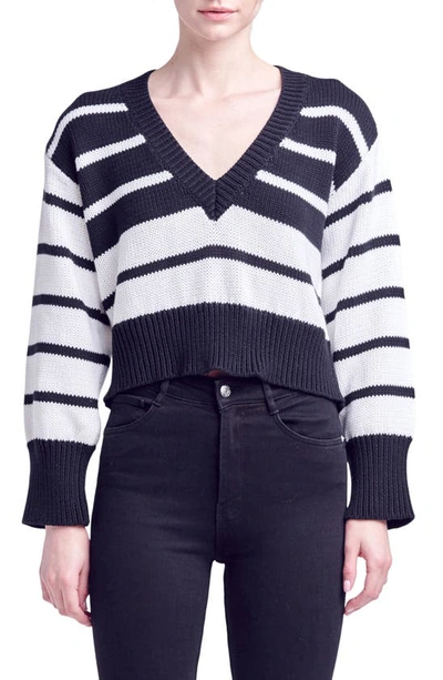 English Factory Stripe V-neck Cotton Crop Sweater In Black/ White