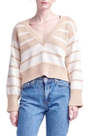 English Factory Stripe V-neck Cotton Crop Sweater In Tan/ Ivory