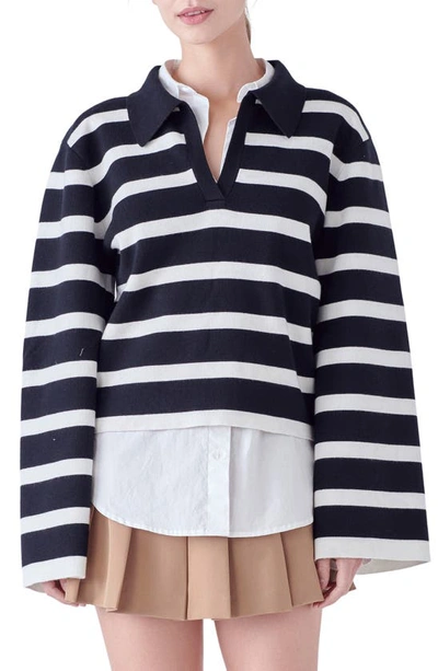 English Factory Stripe Crop Polo Sweater In Black/ White