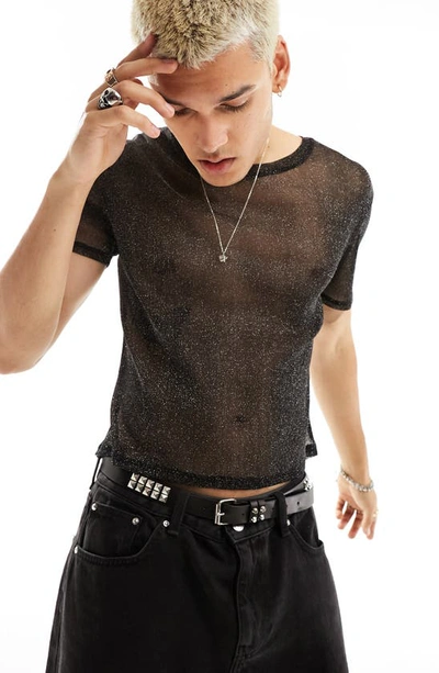 Asos Design Muscle Fit Glitter Mesh T-shirt In Black